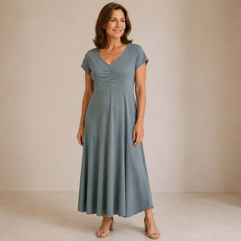 Nurture Womens V-Neck Ruched Bust Midi Dress Slate Blue Green Large NUR11-20 NEW